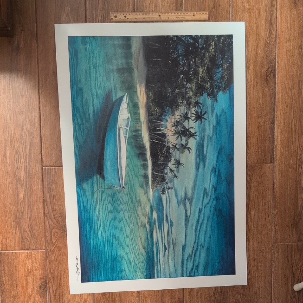 Tropical Island Art Print with Boat - Blue and Green